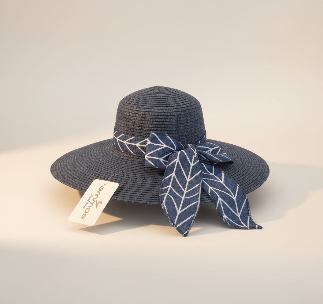 Blue Marine Straw Hat with Patterned Ribbon — accessories